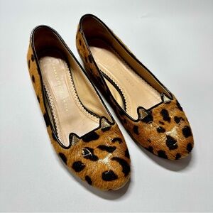 Charlotte Olympia Kitty Cat Embroidered Ballet Flats Slipper, Leopard, Size 35.5